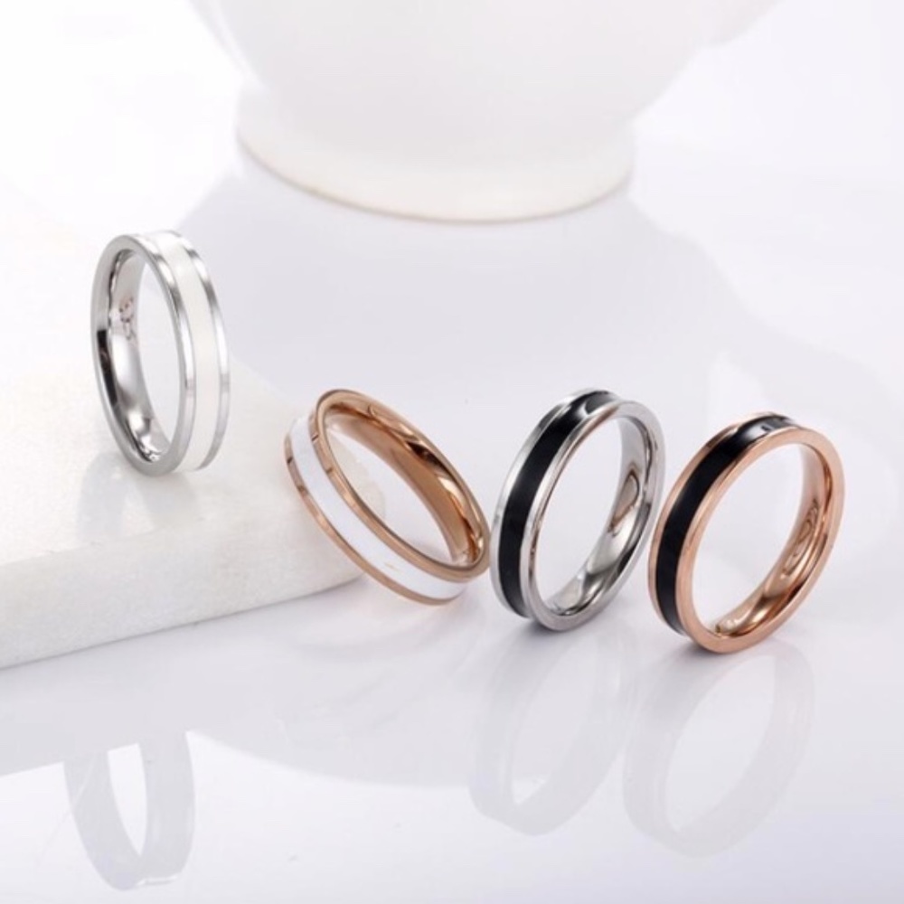 Black White Enamel Coated Ring Wedding Band - Picture 13 of 16
